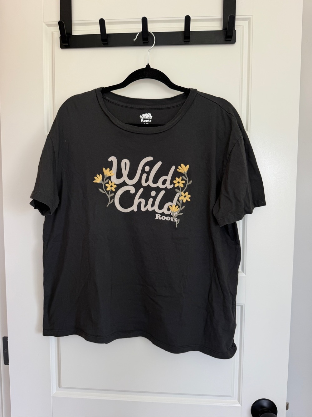 Roots Womens Wild Child Black T-Shirt with Embroidered Flowers